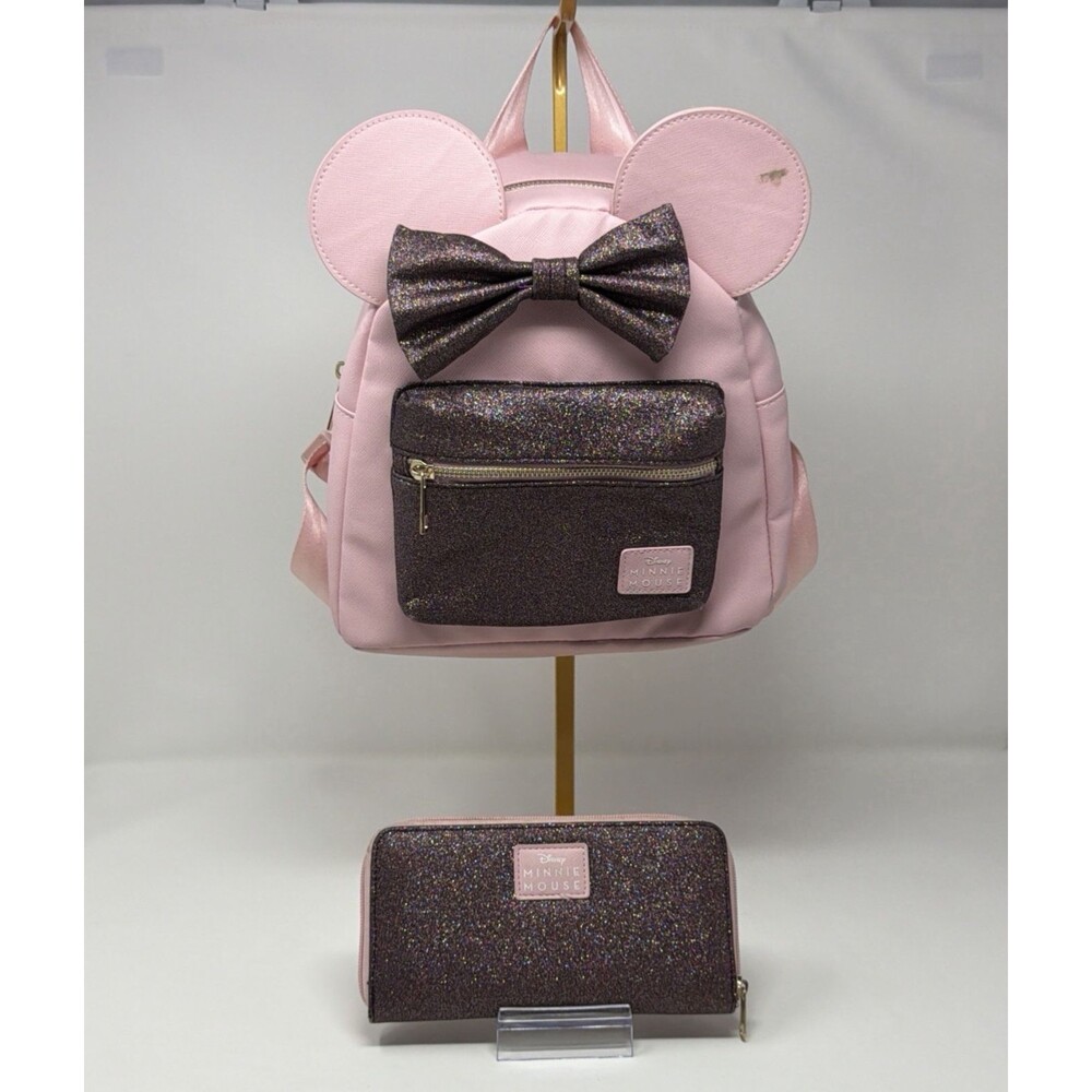 Disney Minnie Mouse Pink Glitter Mini Backpack Wallet Set Bioworld READ